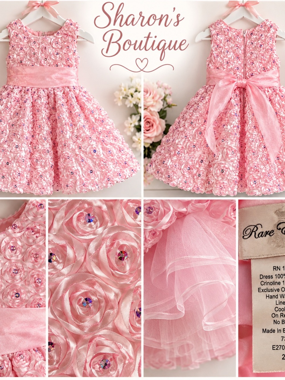 Rare Editions Girls 2T Pink Rosette Rhinestone Party Dress EUC